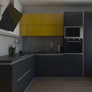 Темно-серая кухня с ярким акцентом